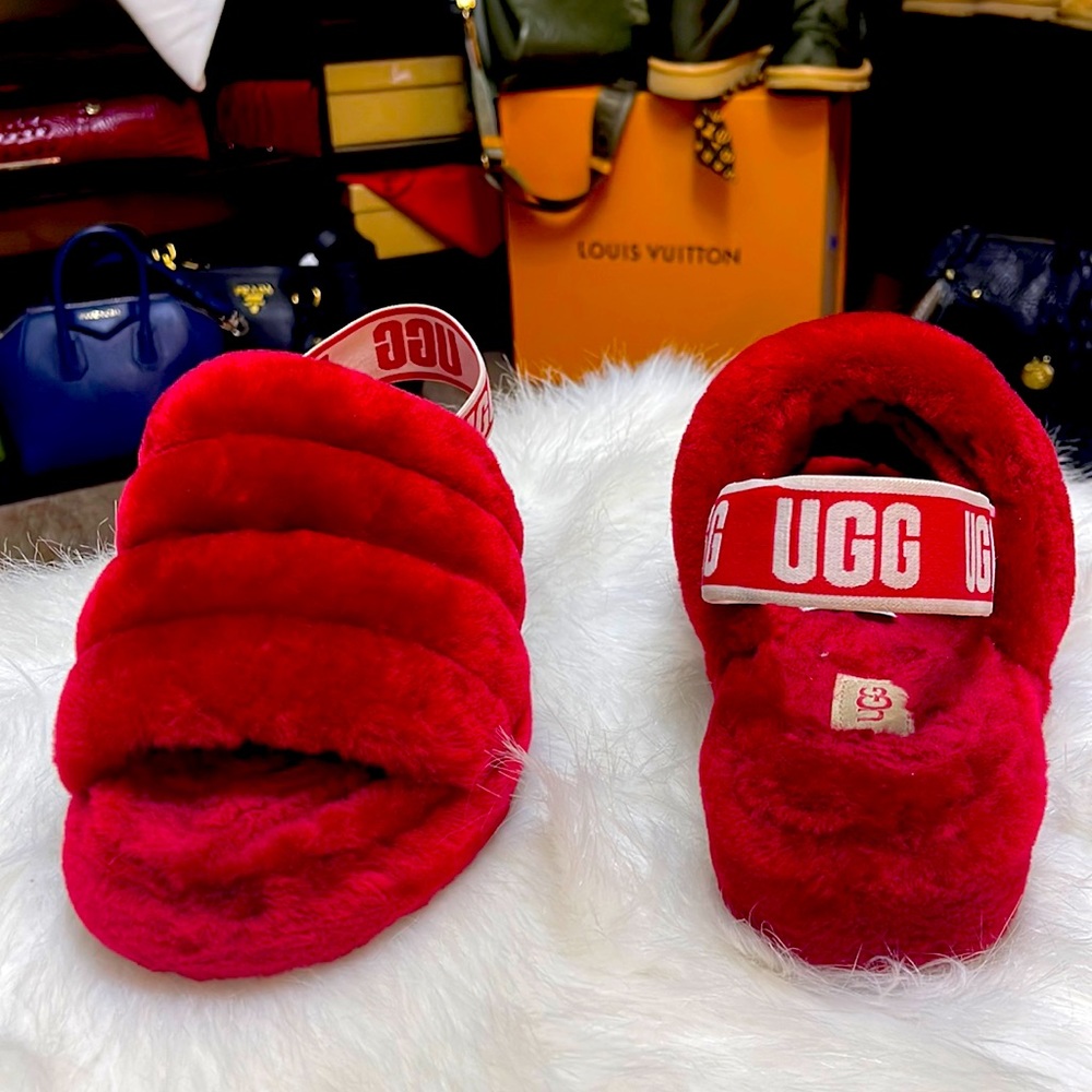 Red furry UGG slippers